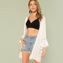 Shein Ruffle Cuff Pompom Crochet Trim Kimono