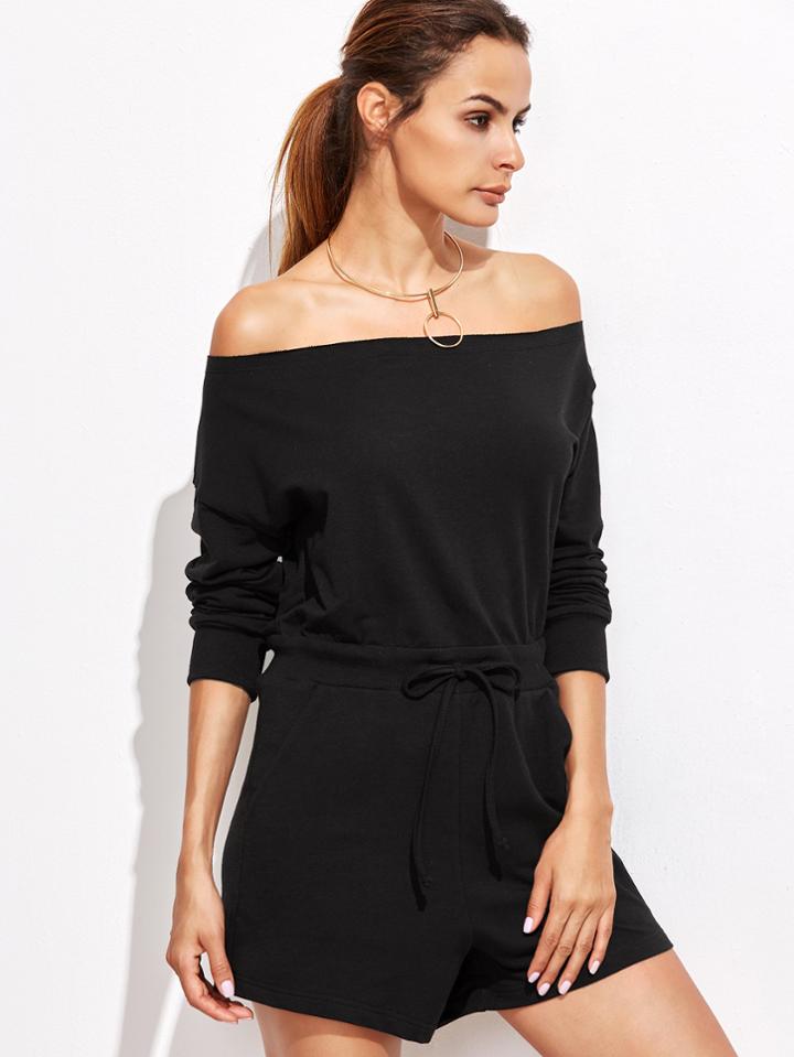 Shein Black Off The Shoulder Drawstring Waist Sweat Romper