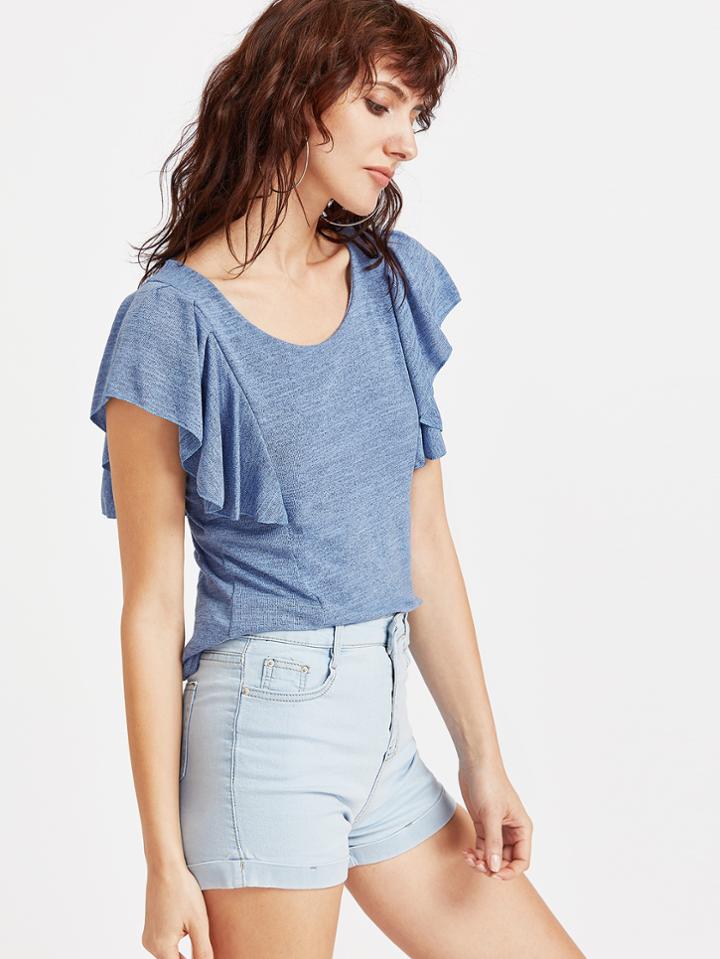 Shein Blue Ruffle Trim T-shirt