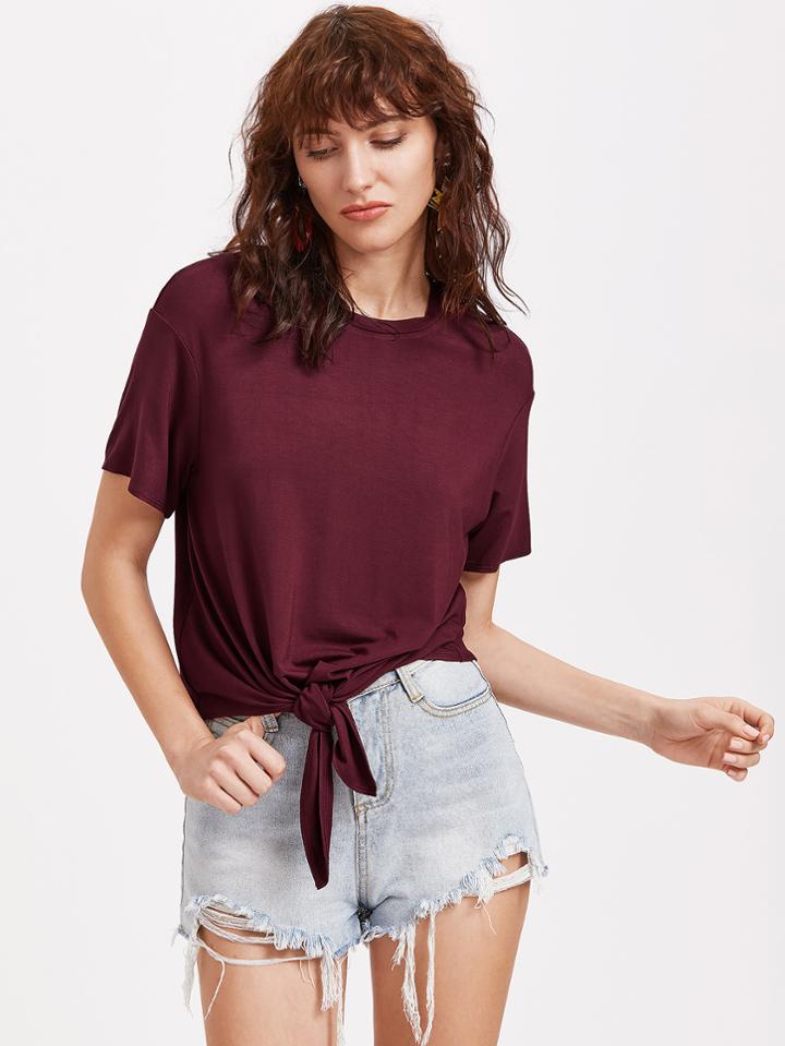 Shein Burgundy Drop Shoulder Knot Front T-shirt