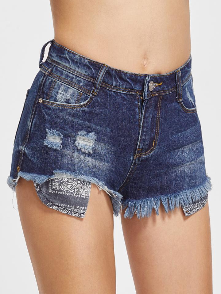 Shein Blue Frayed Trim Asymmetric Denim Shorts