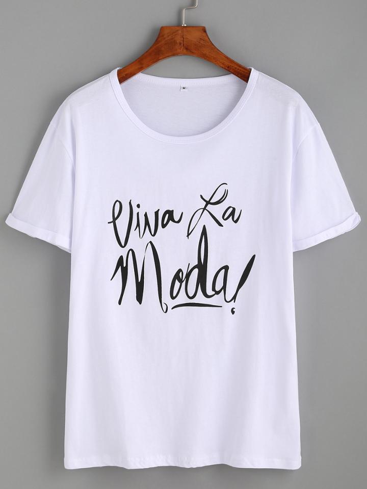 Shein White Letters Print Round Neck T-shirt