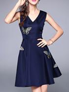 Shein V Neck Butterfly Embroidered A-line Dress