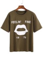 Shein Lips Print Army Green T-shirt