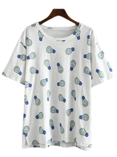 Shein Green Short Sleeve Bulb Print Casual T-shirt