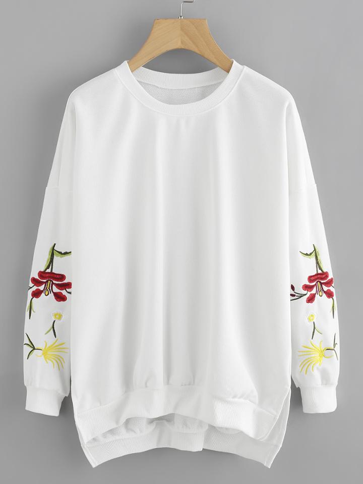 Shein Drop Shoulder Slit Side Embroidery Pullover