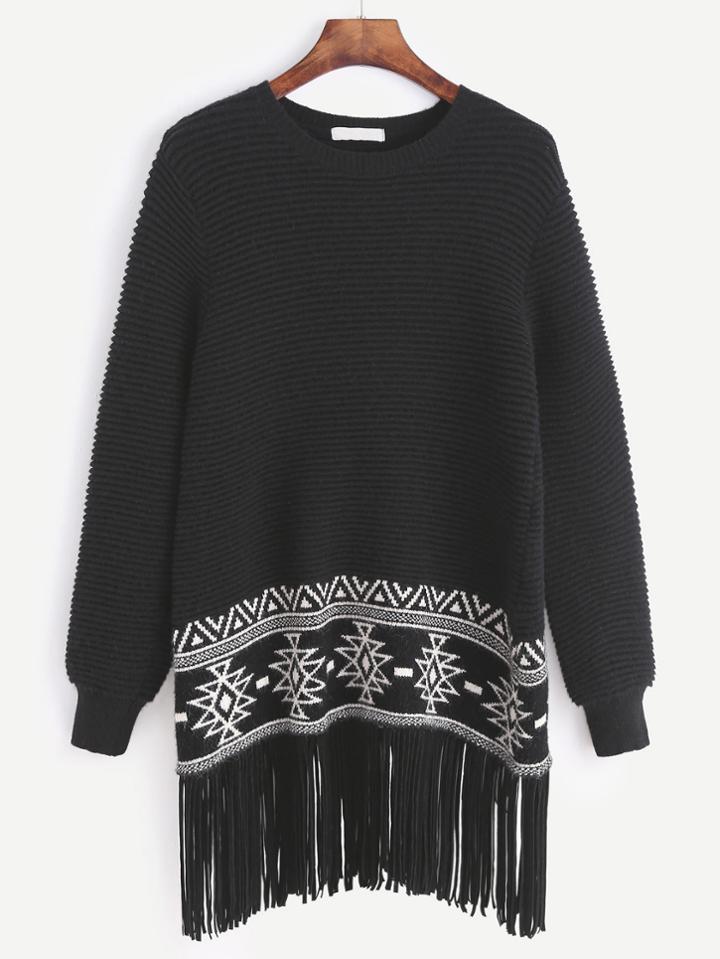 Shein Black Ribbed Knit Tribal Pattern Fringe Sweater