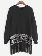 Shein Black Ribbed Knit Tribal Pattern Fringe Sweater