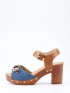 Shein Blue Denim Ankle Strap Wooden Platform Sandals