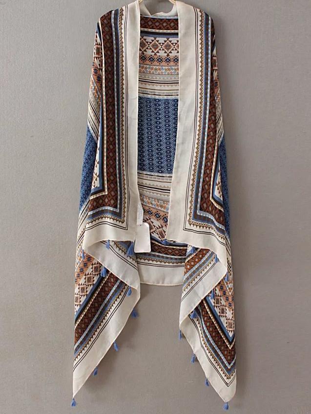 Shein Blue Printed Asymmetric Tassel Scarf