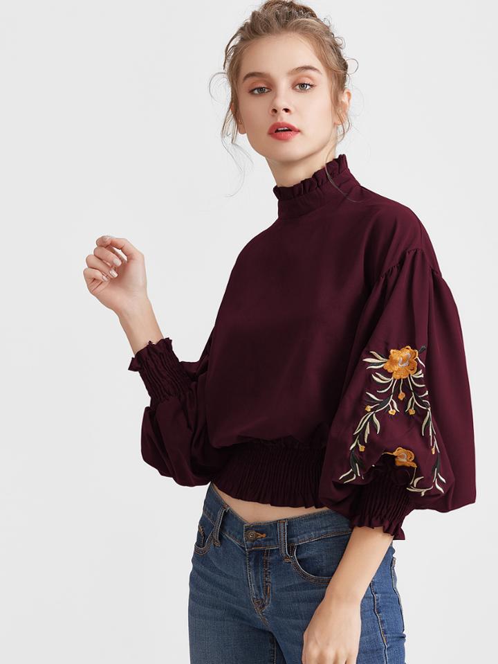 Shein Embroidery Lantern Sleeve Shirred Hem Blouse