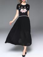 Shein Black Flowers Embroidered Pleated A-line Dress