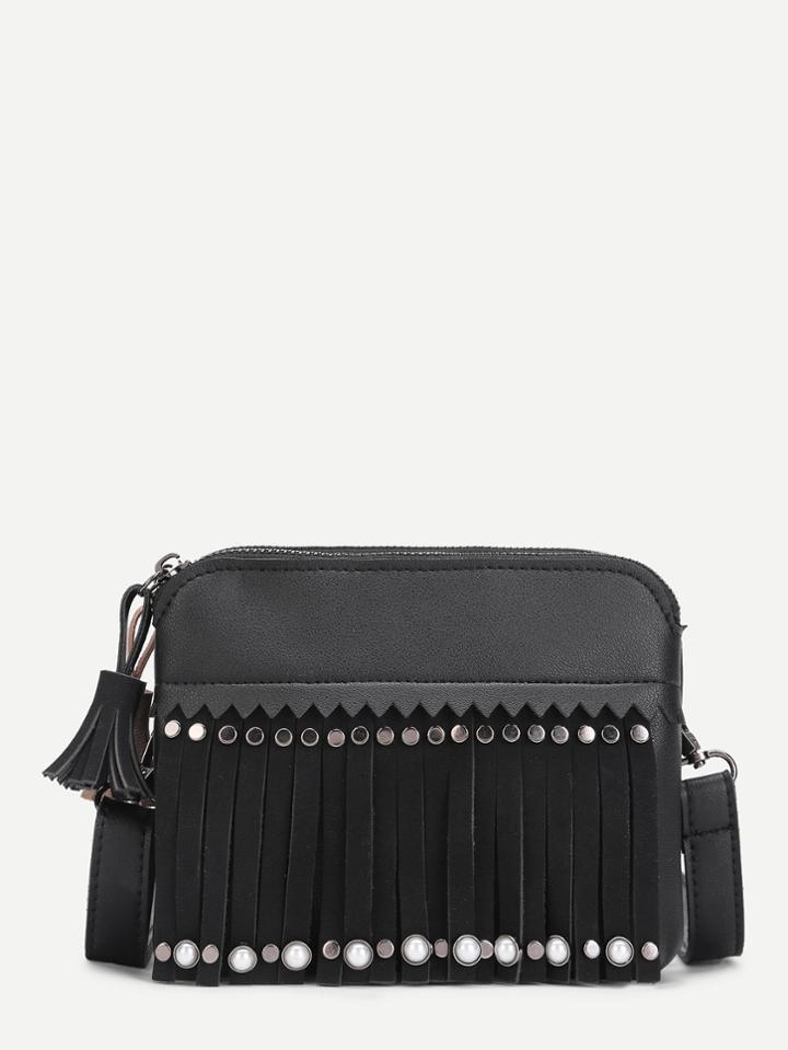Shein Fringe Detail Pu Bum Bag With Double Tassel