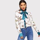 Shein Tie Neck Chain And Butterfly Print Blouse