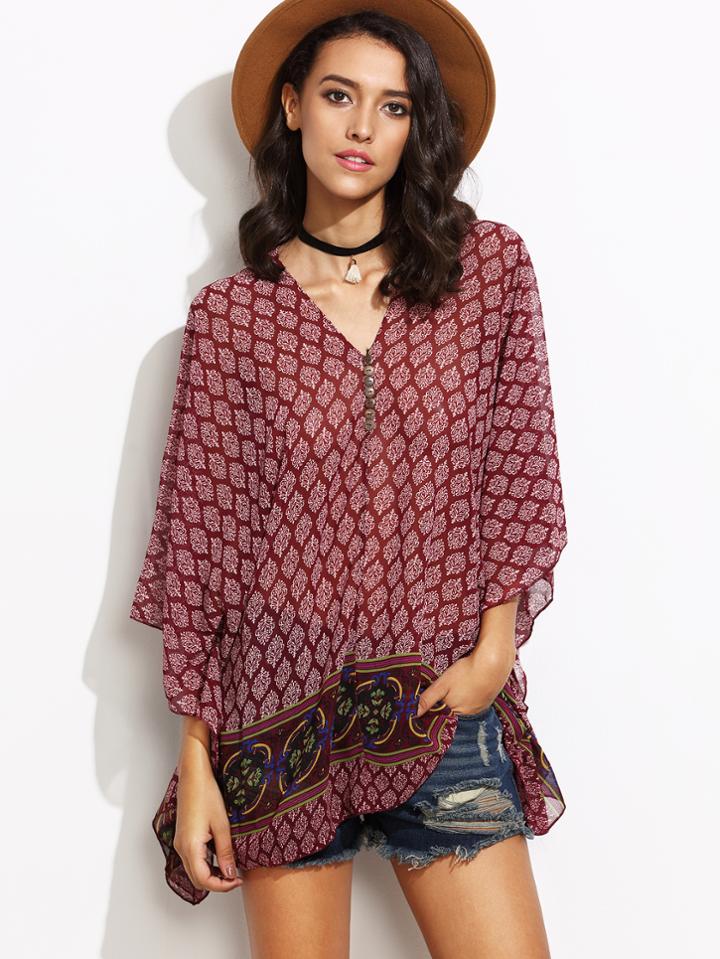 Shein Burgundy Tribal Print V Neck Button Chiffon Blouse