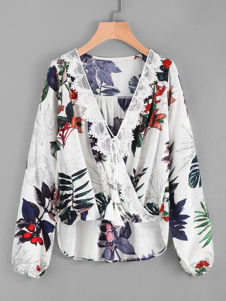 Shein Surplice Neckline Tropical Print Lace Trim Tassel Tie Top