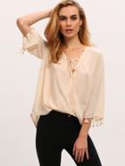 Shein Apricot Tassel Cuff Wrap Front Blouse