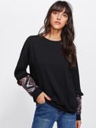 Shein Embroidered Patch And Fringe Cuff Sweatshirt