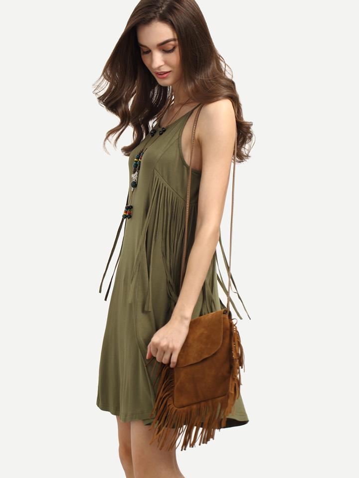 Shein Army Green Spaghetti Strap Fringe Dress