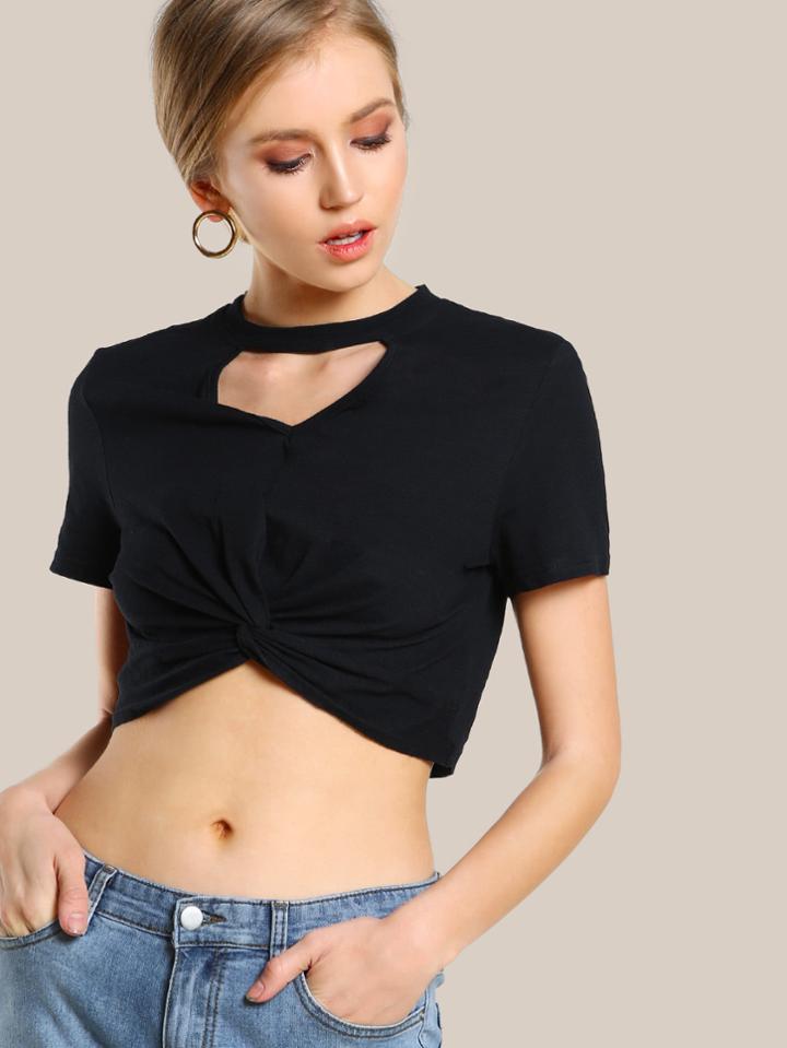 Shein Choker Neck Twist Front Crop Tee