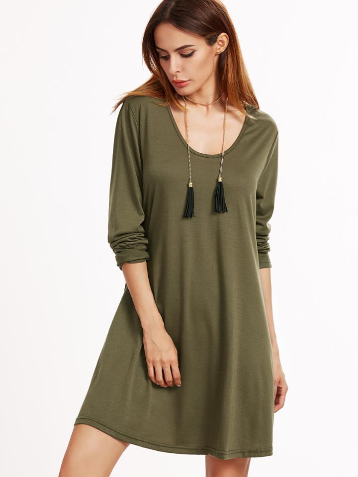 Shein Army Green Scoop Neck Tee Dress