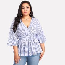 Shein Plus Surplice Wrap Pinstriped Ruffle Hem Top