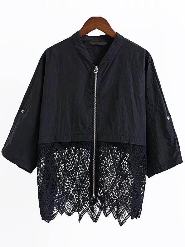 Shein Black Elbow Sleeve Lace Trim Zipper Up Coat