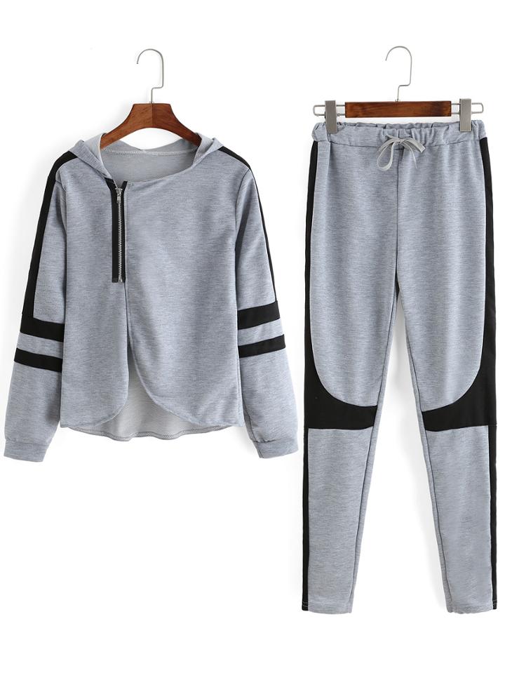 Shein Grey Hooded Long Sleeve Zipper Top With Pant