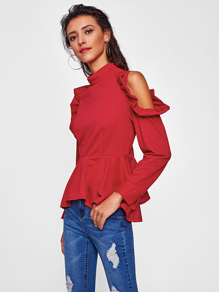 Shein Open Shoulder Frill Trim Peplum Top
