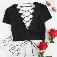 Shein Lace Panel Lace Up Crop Top