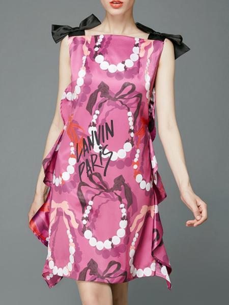 Shein Purple Black Bowknot Print Ruffle Dress