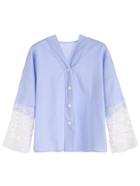Shein Contrast Lace Sleeve Buttons Blouse
