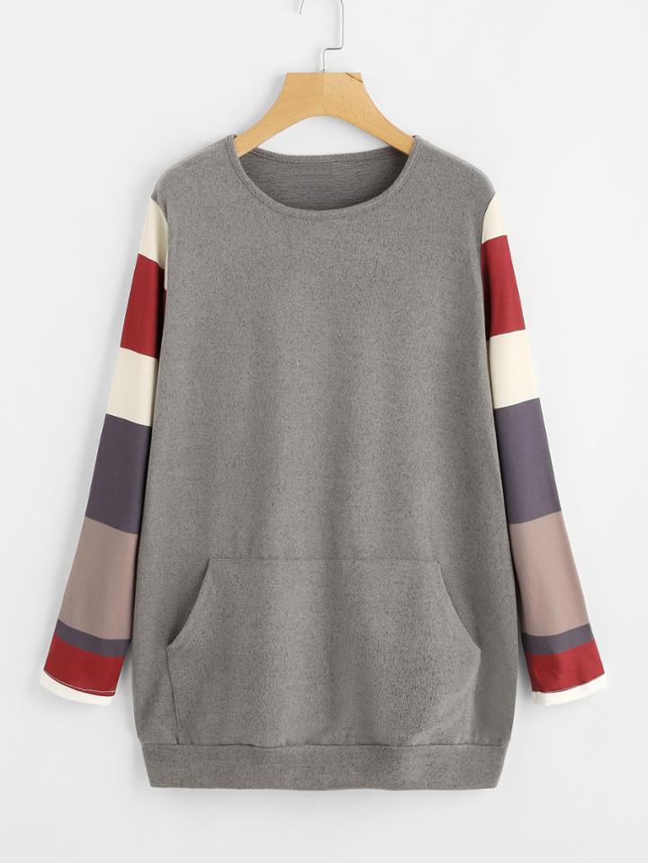 Shein Contrast Sleeve Kangaroo Pocket Tee