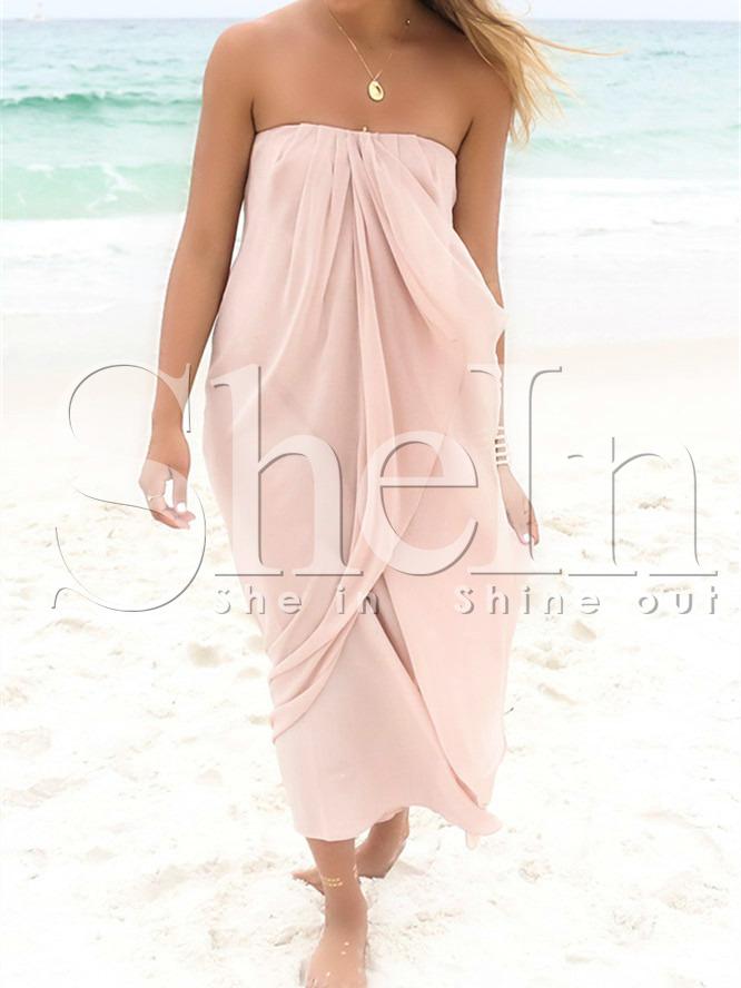 Shein Pink Strapless Ruched Bandeau Boho Maxi Dress
