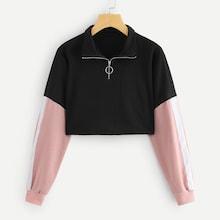 Shein Colorblock Zip Front Crop Sweatshirt