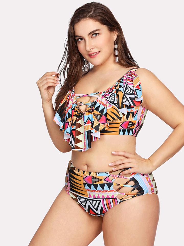 Shein Geometric Pattern Flounce Bikini Set