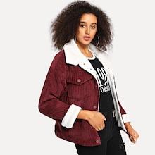 Shein Single Breasted Corduroy Jacket With Borg Collar