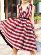 Shein Red V Neck Belted Striped A-line Dress
