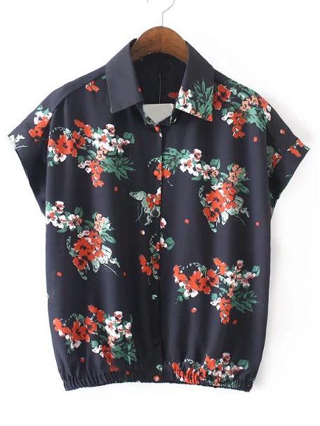 Shein Black Floral Print Batwing Sleeve Elastic Hem Blouse