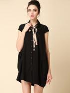 Shein Black Lapel Tie Short Sleeve Dress