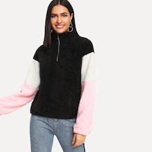 Shein Colorblock Zip Front Drop Shoulder Teddy Sweatshirt