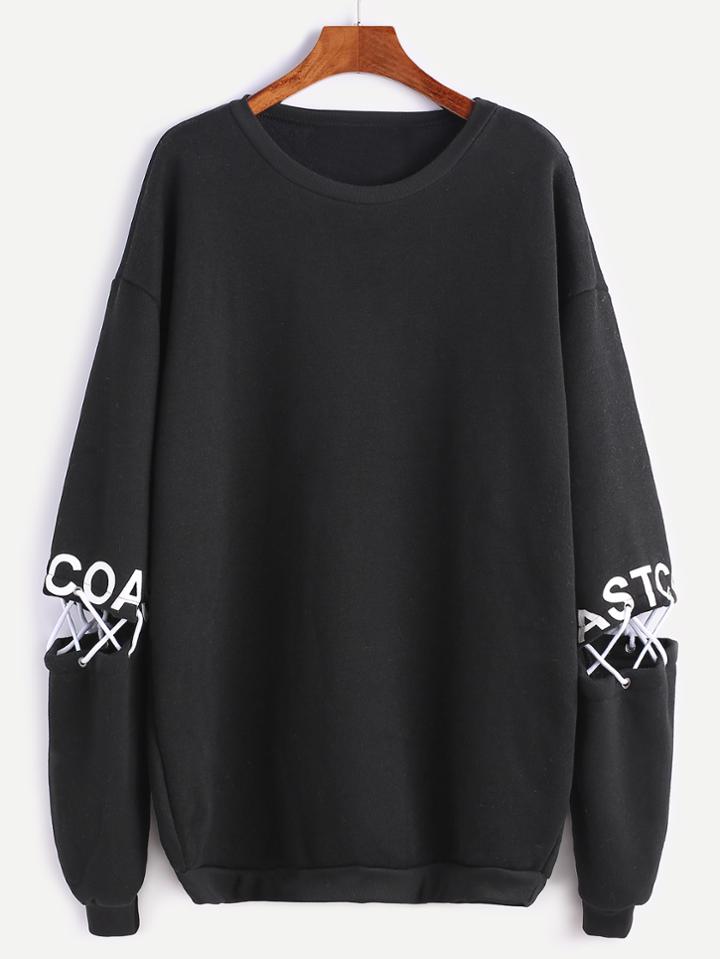 Shein Black Drop Shoulder Letter Print Lace Up Detail Sweatshirt