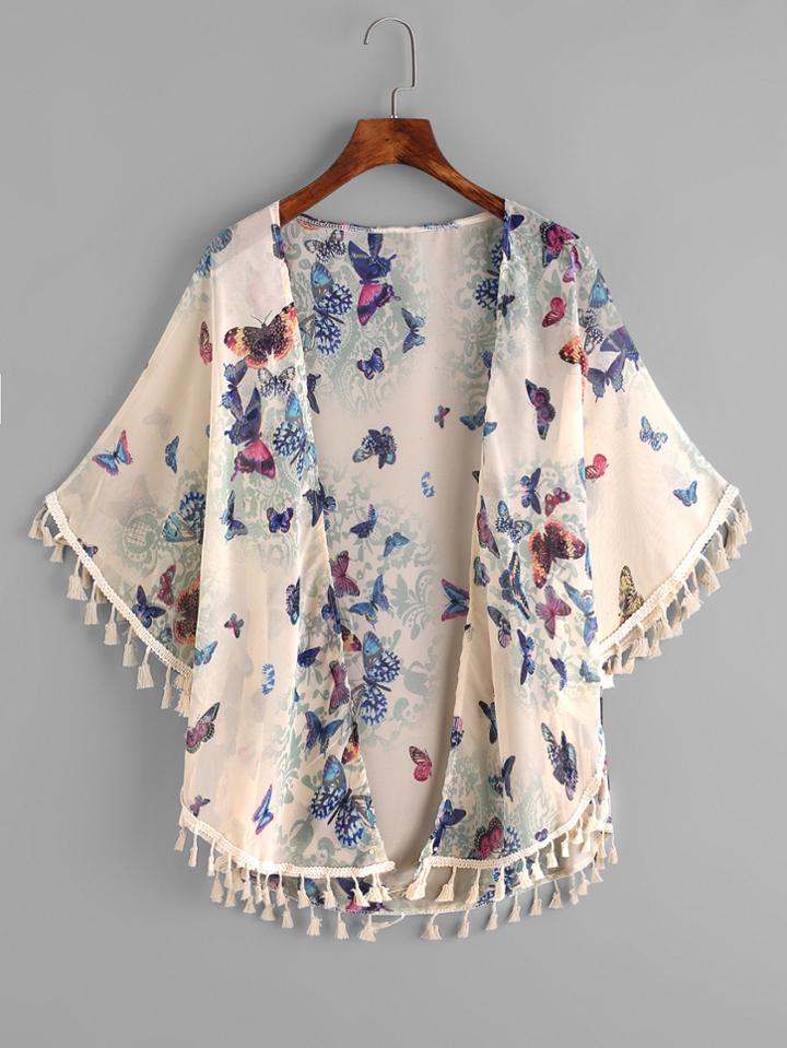 Shein Butterfly Print Fringe Trim Top