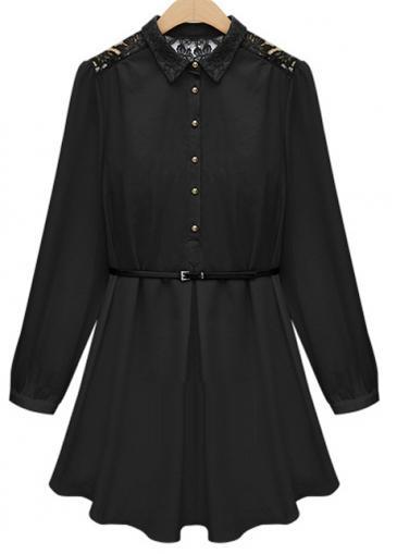 Rosewe A Line Black Chiffon Long Sleeve Mini Dress