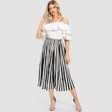 Shein Open Shoulder Flounce Sleeve Blouse With Striped Pants