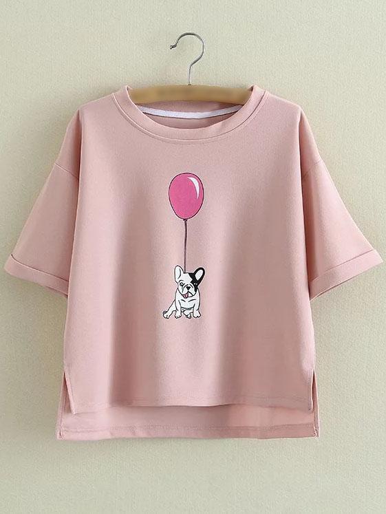 Shein Pink Roll Cuff Dipped Hem Dog Balloon Printing Blouse