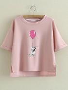 Shein Pink Roll Cuff Dipped Hem Dog Balloon Printing Blouse