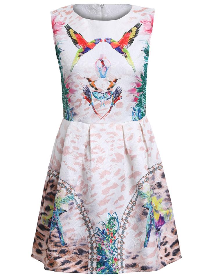 Shein Multicolor Crew Neck Sleeveless Birds Print Dress