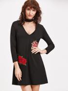 Shein Black Deep V Neck Embroidered Rose Applique Tee Dress