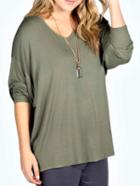 Shein Army Green V Neck Long Sleeve Plus T-shirt